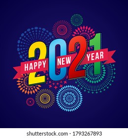Vector Feliz Año Nuevo 2021 con fuegos artificiales y diseño de texto.