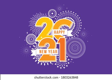 Vector Feliz Año Nuevo 2021 con fuegos artificiales y diseño de texto.