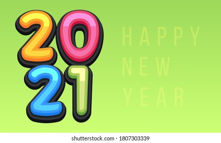 Vector Happy New Year 2021 cute greeting card for Children. Funny Alphabet Letters, Numbers, Symbols. Multicolored Font contains Graphic Style on green background