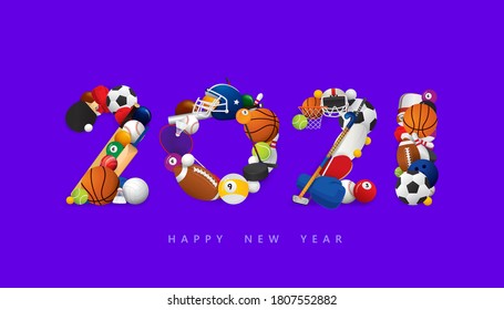 Vector Happy New Year 2021  text design with sports concept isolated on white background.