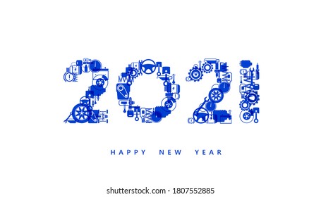 Vector Happy New Year 2021  text design with auto maintenance parts for car mechanic service concept isolated on white background.