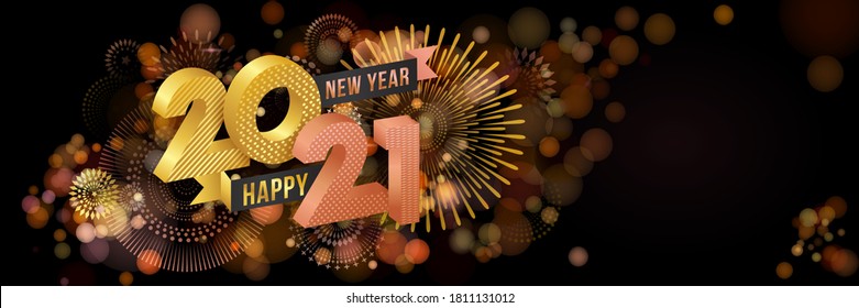 Vector Happy New Year 2021 for greeting card with fireworks and rose gold number design isolated on black background.