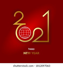 Vector happy new year 2021 and Merry Christmas icon with golden globe instead of number zero on dark red festive background