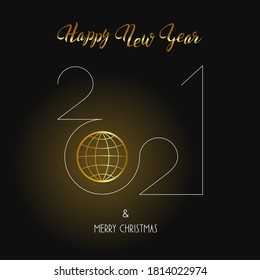 Vector happy new year 2021 and Merry Christmas icon with golden globe instead of number zero on dark background