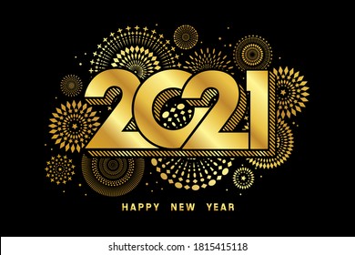 Vector Happy New Year 2021 for greeting card with fireworks and gold number design isolated on black background.