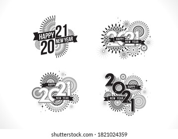Vector Feliz Año Nuevo 2021 con fuegos artificiales y diseño de texto.