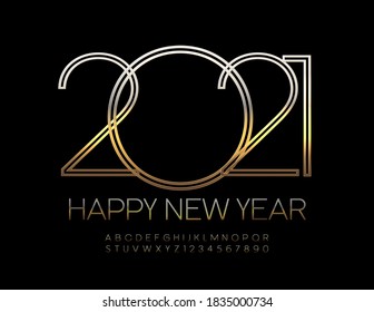 Tarjeta de felicitación Vector Happy New Year 2021. Elite Fuente creativa. Letras y números de alfabeto brillantes de oro