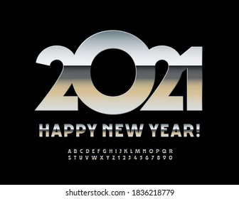 Vector Happy New Year 2021 greeting card. Chic metallic Font. Reflective aluminum Alphabet Letters and Numbers set