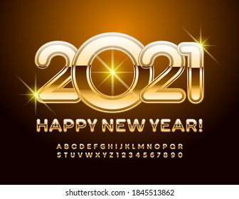 Tarjeta de felicitación Vector Happy New Year 2021. Fuente brillante premium. Juego de letras y números del alfabeto dorado exclusivo