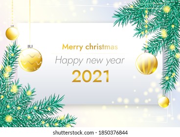 vector Happy New Year 2021 background template. Merry Christmas white gold