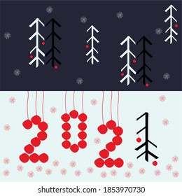Vector Happy New Year 2021. Cute Christmas abstract trees .  Hand drawn with  black and white background. Template greeting card, invitation and advertising banner.
