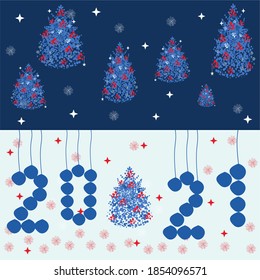 Vector Feliz Año Nuevo 2021.  Árboles abstractos de Navidad.  Dibujado a mano con fondo blanco y negro. Tarjeta de felicitación de plantilla, banner de invitación y publicidad