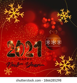 Vector Happy New Year 2021 greeting card with decoration ball, snowflakes on sparkly background, happy new year wishes.