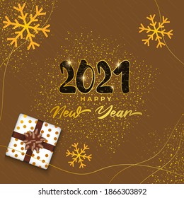 Tarjeta de felicitación Vector Happy New Year 2021 con regalos y copos de nieve en un brillante fondo, felices deseos de año nuevo.
