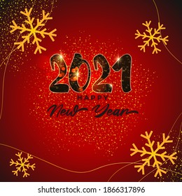 Vector Happy New Year 2021 greeting card with snowflakes on sparkly background, happy new year wishes.