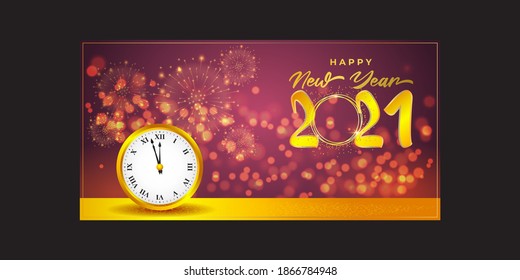 Tarjeta de felicitación Vector Happy New Year 2021, Nochevieja, reloj de oro en brillante fondo, felices deseos de vacaciones.