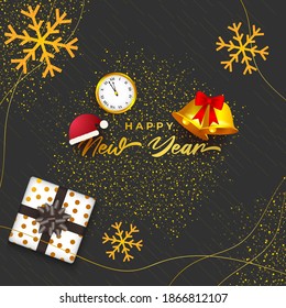 Vector Happy New Year 2021 greeting card, New Year Eve, gold clock, santa cap, gifts, bell and snowflakes, happy holiday wishes.