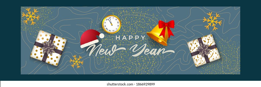 Vector Happy New Year 2021 greeting card, New Year Eve, gold clock, santa cap, gifts, bell and snowflakes, happy holiday wishes.