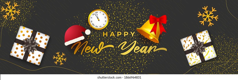 Vector Feliz Año Nuevo 2021 tarjeta de felicitación, Nochevieja, reloj de oro, gorro santa, regalos, campana y copos de nieve, felices deseos de vacaciones.