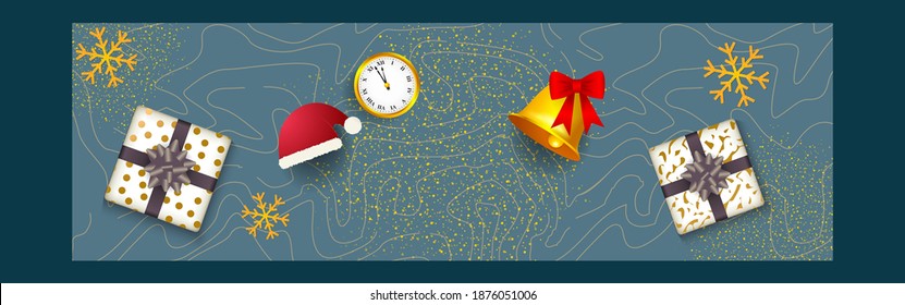 Vector Happy New Year 2021 greeting card. New Year Eve. Gold clock, santa cap, gifts, bell and snowflakes on floor, Happy holiday wishes.