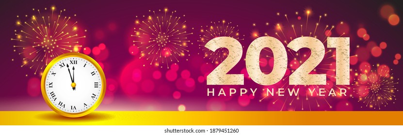 Vector Happy New Year 2021 greeting card. New Year Eve. Gold clock on sparkly bokeh background, happy holiday wishes.