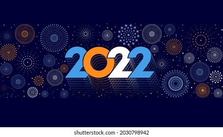 Vector Happy New Year 2022 with colorful fireworks and text on black background.