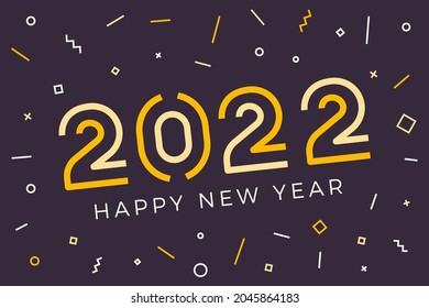 Vector Happy new year 2022 background with retro geometric colorful text and explosion of geometric shapes. For seasonal holiday web banners, flyers and festive posters