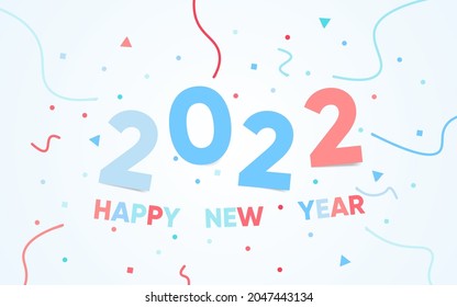 Vector Happy new year 2022 background with simple geometric colorful text and explosion of geometric shapes. Design for Christmas holiday web banners, flyers and social media greeting posts. 2022 logo