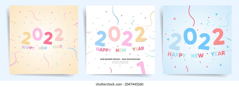 Vector Happy new year 2022 background with simple geometric colorful text and explosion of geometric shapes. Design for Christmas holiday web banners, flyers and social media greeting posts. 2022 logo