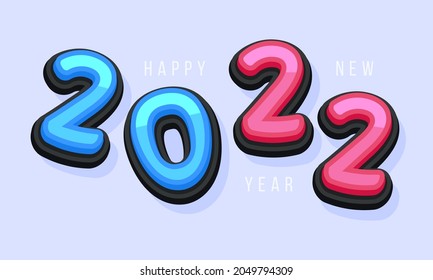 Vector Happy New Year 2022 cute greeting card for Children. Funny Alphabet Letters, Numbers, Symbols. Multicolored Font contains Graphic Style