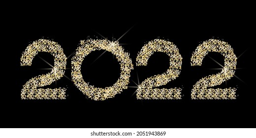 Vector. Happy new year 2022 logo text design with gold glitter. Design templates with 2022 typographic logo. 2022 happy new year symbols collection. Backgrounds for branding, banner, cover, postcard.