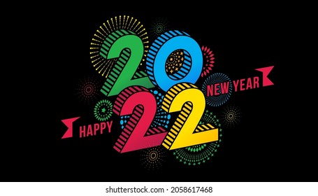 Vector Happy New Year 2022 with fireworks and text design.