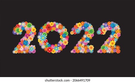 Vector Happy New Year 2022 text design with colorful flowers letters concept isolated on green background.