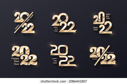 Vector Happy New Year 2022 Golden Premium Shiny Logo Different Variations 3D Design Collection On Background. Happy New Years Template Gold Metallic Typographic Design Elements Set. New Years Eve