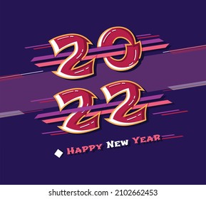 vector feliz año nuevo 2022 con concepto de fondo morado. ilustración vectorial. texto de diseño plano. logotipo de texto 2022. se puede usar para banners, fondos de fondo, fondos de pantalla y tarjetas de felicitación