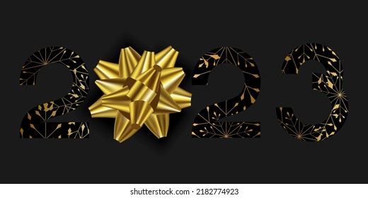 Vector. Feliz diseño de texto del logo del año nuevo 2023. El dorado y realista arco 3d, patrón de copo de nieve. Plantillas de diseño con el logotipo tipográfico de 2023. Colección de felices símbolos del año nuevo 2023. Fondo horizontal.