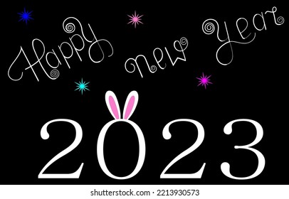 Vector Happy New Year 2023 greeting card. Year of the rabbit. The rabbit ears in the picture are the symbol of 2023. Decorative design template for brochure, card, banner, print. Made on a black backg