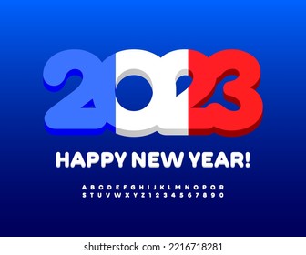 Vector Happy New Year 2023 Greeting Card with French Flag. Creative funny Font. Modern Alphabet Letters and Numbers