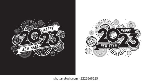 Vector Happy New Year 2023 mit Fireworks und Text-Design.
