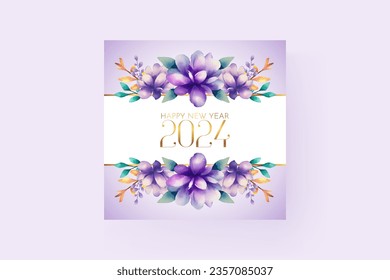 Vector happy new year 2024 background watercolor purple floral