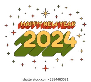 Vector Happy new year 2024 background with retro geometric colorful text and explosion of geometric firework stars. For seasonal holiday web banners, flyers and festive posters