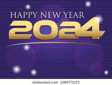 Vector de feliz año nuevo 2024 en letras doradas sobre fondo morado con brillo y luces