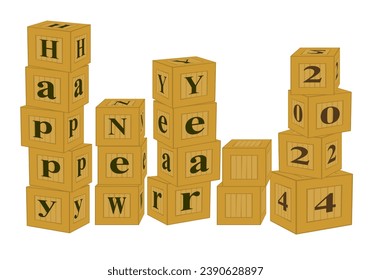 diseño de vector happy new año 2024 escrito en una pila vertical de cajas.