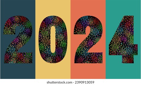 vector Happy new year 2024 with fireworks inside 2024 full color design template. 2024 new year celebration concept.