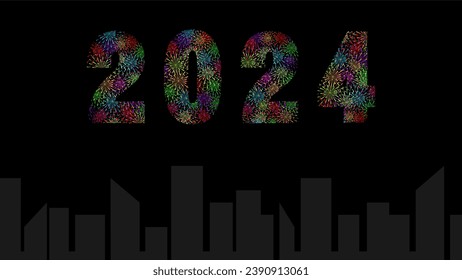 vector Feliz Año Nuevo 2024. Hermoso banner web de vacaciones o cartel con fuegos artificiales dentro del texto de 2024 y silueta de construcción de ciudad.