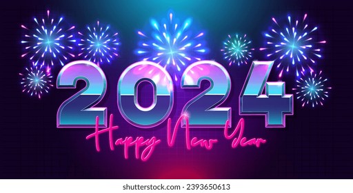 Vector Happy new year 2024 background with retro 80s 3d blue and purple text and explosion of fireworks. For seasonal holiday web banners, flyers and festive posters