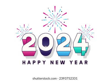 Vector Happy new year 2024 background with flat 3d block text in different colors and explosion of fireworks in white background. For seasonal holiday web banners, flyers and festive posters