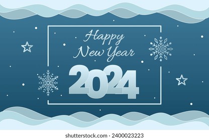 vector happy new year 2024 paper style with blue color