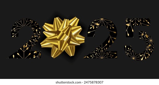 Vector. Happy new year 2025 logo text design. Golden realistic snowflake pattern. Design templates with 2025 typographic logo. Collection of happy new year 2025 symbols. Horizontal background.