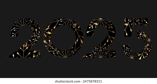Vector. Happy new year 2025 logo text design. Golden realistic snowflake pattern. Design templates with 2025 typographic logo. Collection of happy new year 2025 symbols. Horizontal background.